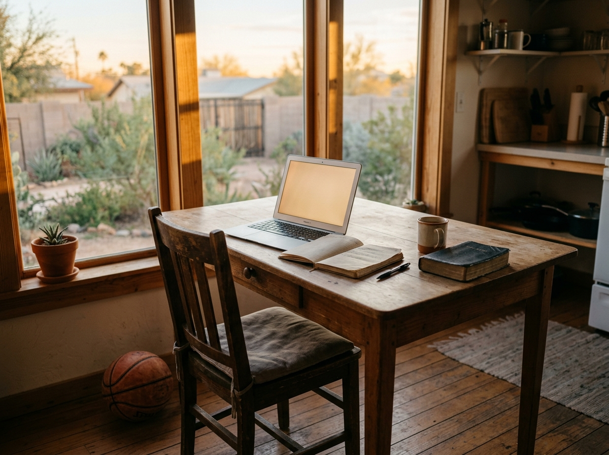 Golden-hour light through a multi-paned wood window in a desert home: an open laptop glowing on a rustic wooden desk, an open notebook with a black pen, a ceramic mug, a closed dark-bound book with worn pages, and a scuffed orange basketball resting on the wide-plank floor beside a wooden chair